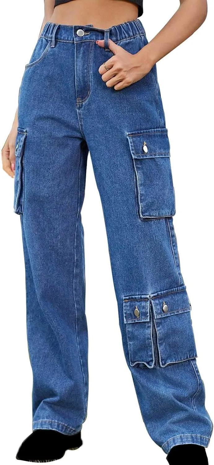 Womens Wide Leg Jeans Retro Mid Rise Denim Straight Leg Pants Stretchy Casual Raw Hem Denim Pants with 5 Pockets