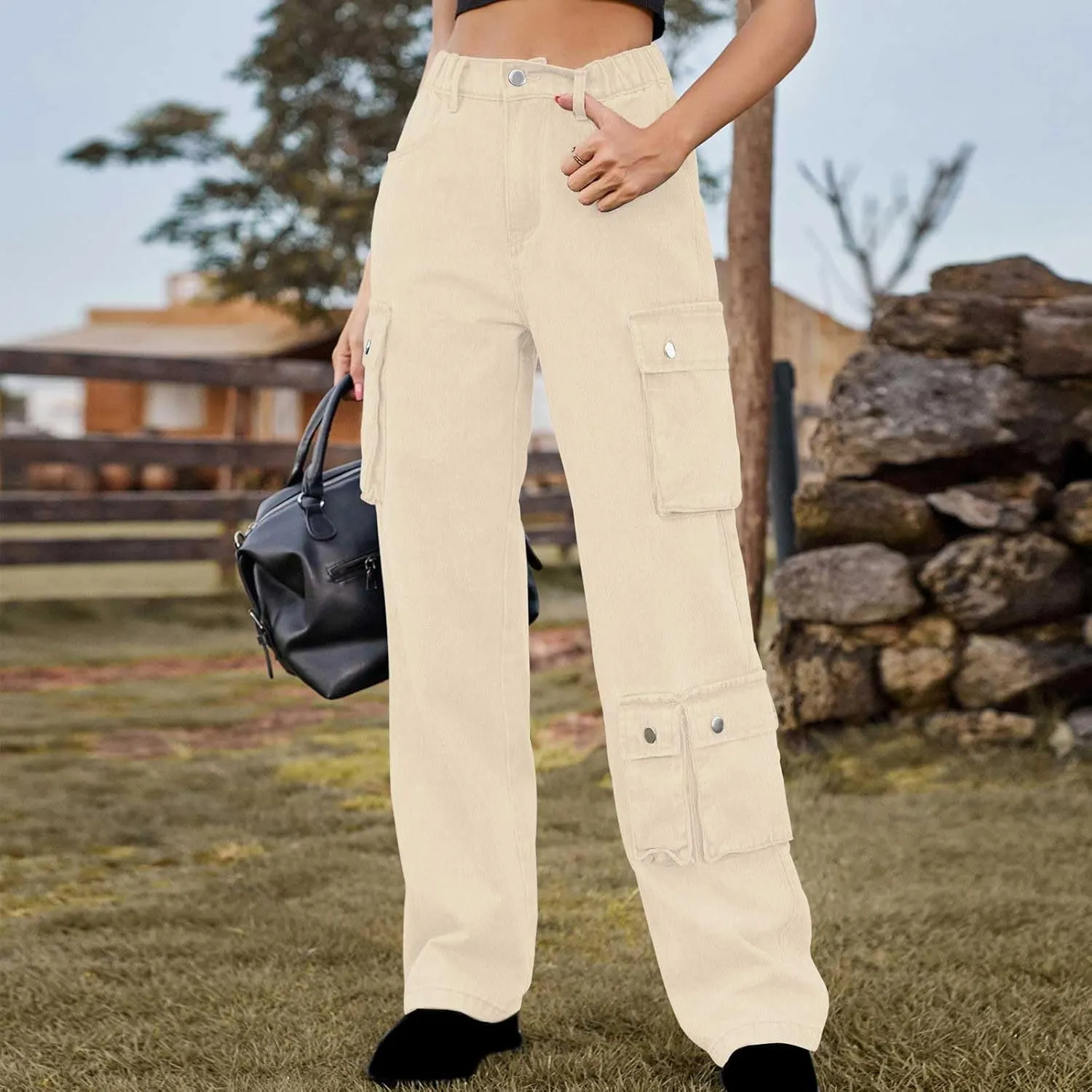 Womens Wide Leg Jeans Retro Mid Rise Denim Straight Leg Pants Stretchy Casual Raw Hem Denim Pants with 5 Pockets