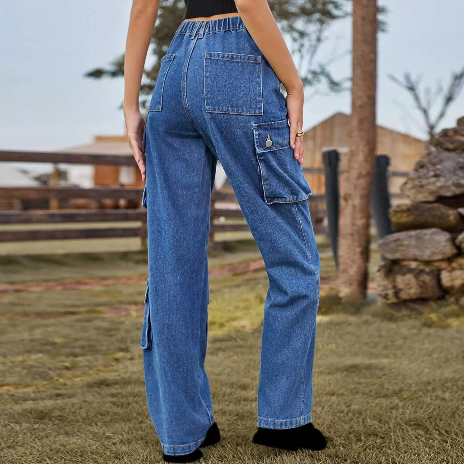 Womens Wide Leg Jeans Retro Mid Rise Denim Straight Leg Pants Stretchy Casual Raw Hem Denim Pants with 5 Pockets
