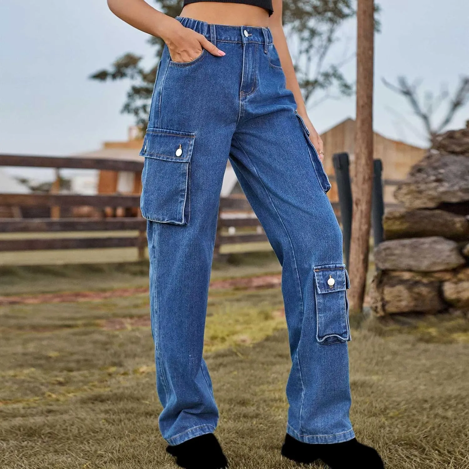 Womens Wide Leg Jeans Retro Mid Rise Denim Straight Leg Pants Stretchy Casual Raw Hem Denim Pants with 5 Pockets