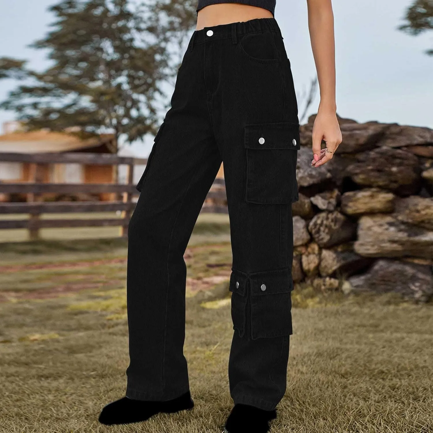 Womens Wide Leg Jeans Retro Mid Rise Denim Straight Leg Pants Stretchy Casual Raw Hem Denim Pants with 5 Pockets