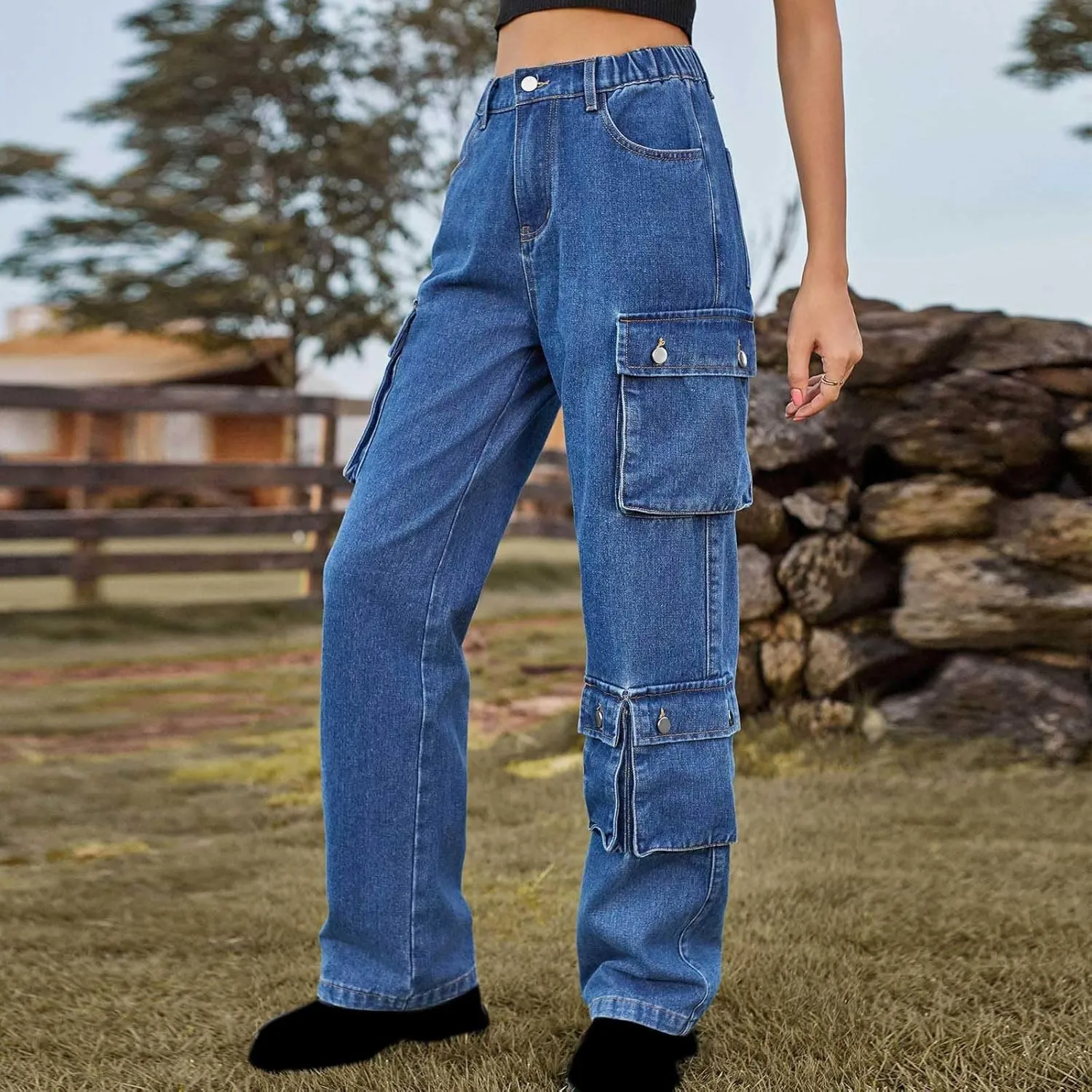 Womens Wide Leg Jeans Retro Mid Rise Denim Straight Leg Pants Stretchy Casual Raw Hem Denim Pants with 5 Pockets