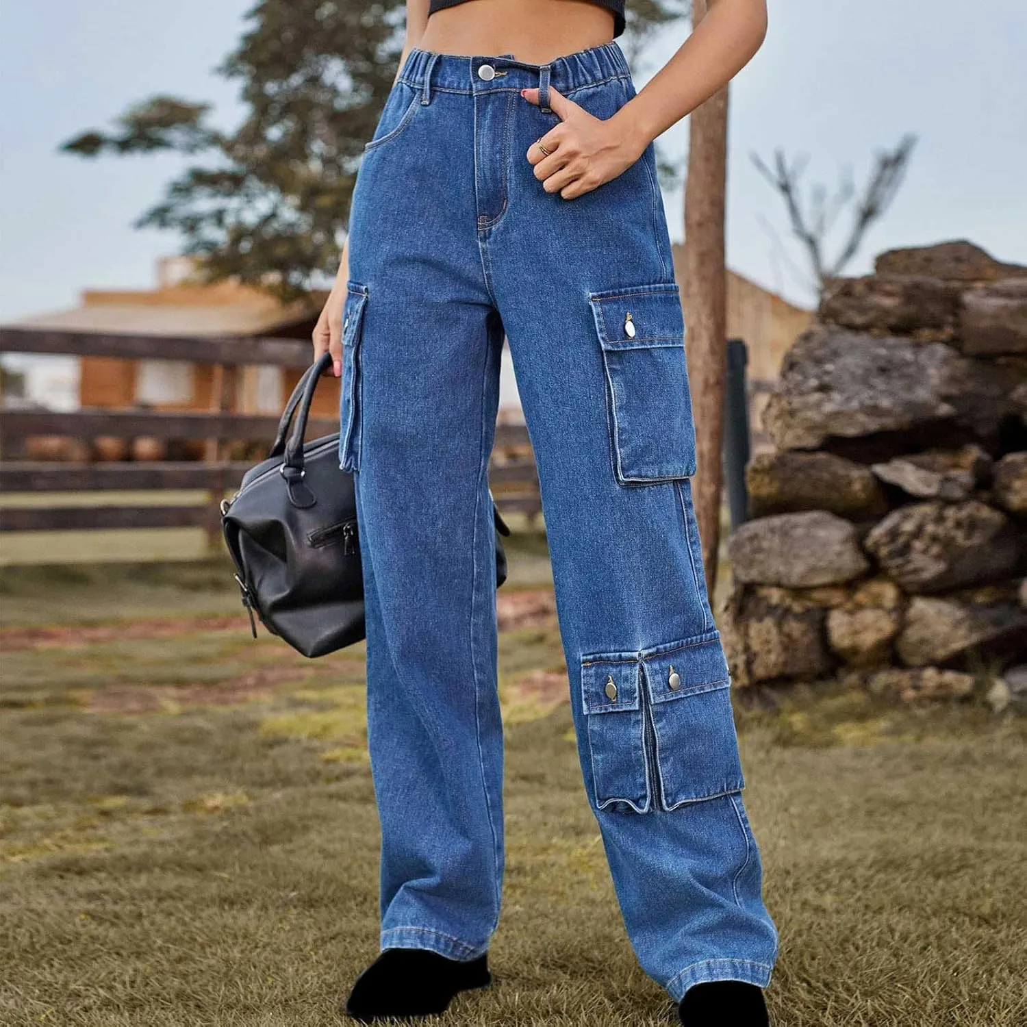 Womens Wide Leg Jeans Retro Mid Rise Denim Straight Leg Pants Stretchy Casual Raw Hem Denim Pants with 5 Pockets