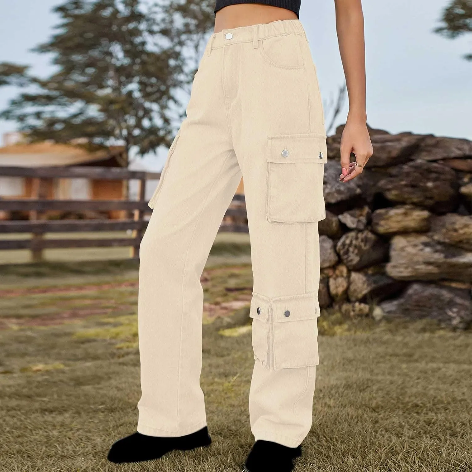 Womens Wide Leg Jeans Retro Mid Rise Denim Straight Leg Pants Stretchy Casual Raw Hem Denim Pants with 5 Pockets