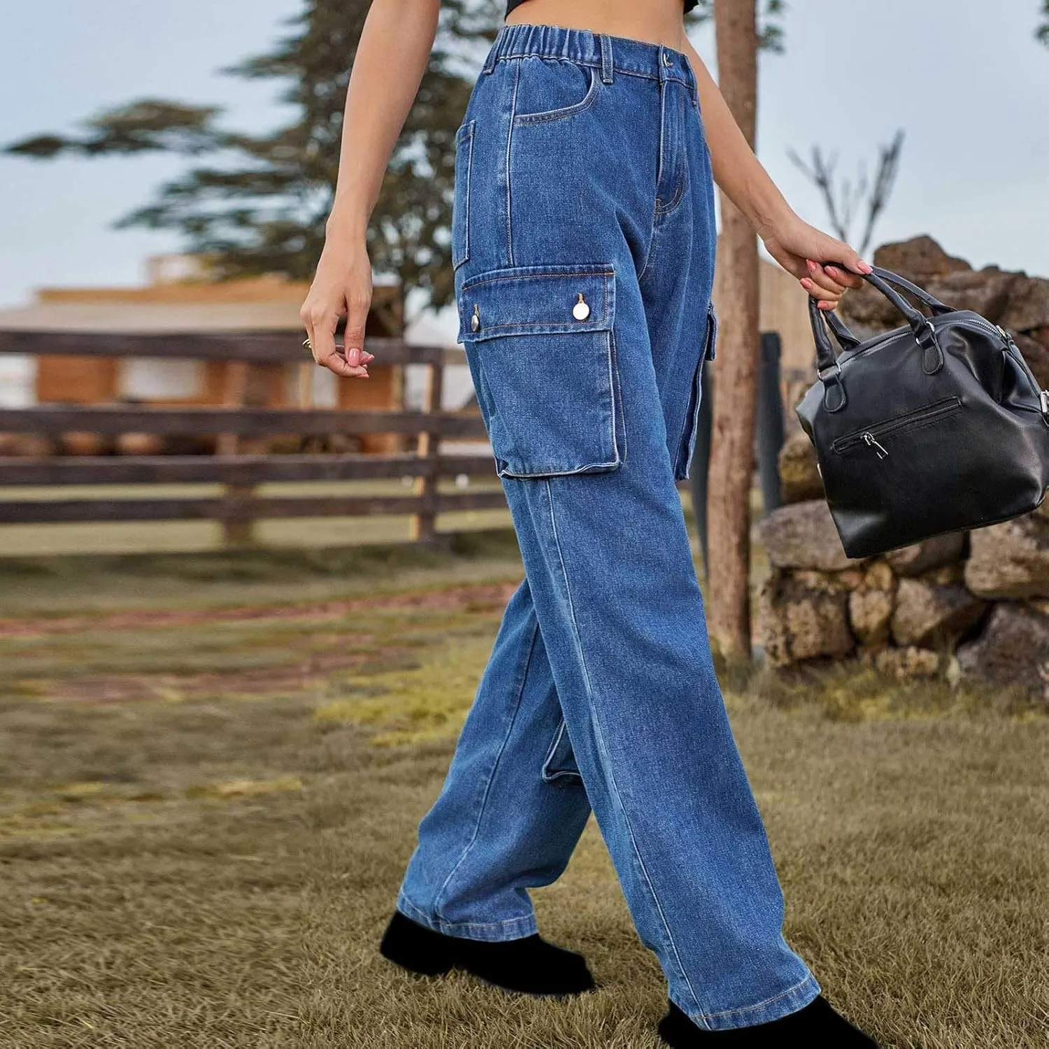 Womens Wide Leg Jeans Retro Mid Rise Denim Straight Leg Pants Stretchy Casual Raw Hem Denim Pants with 5 Pockets