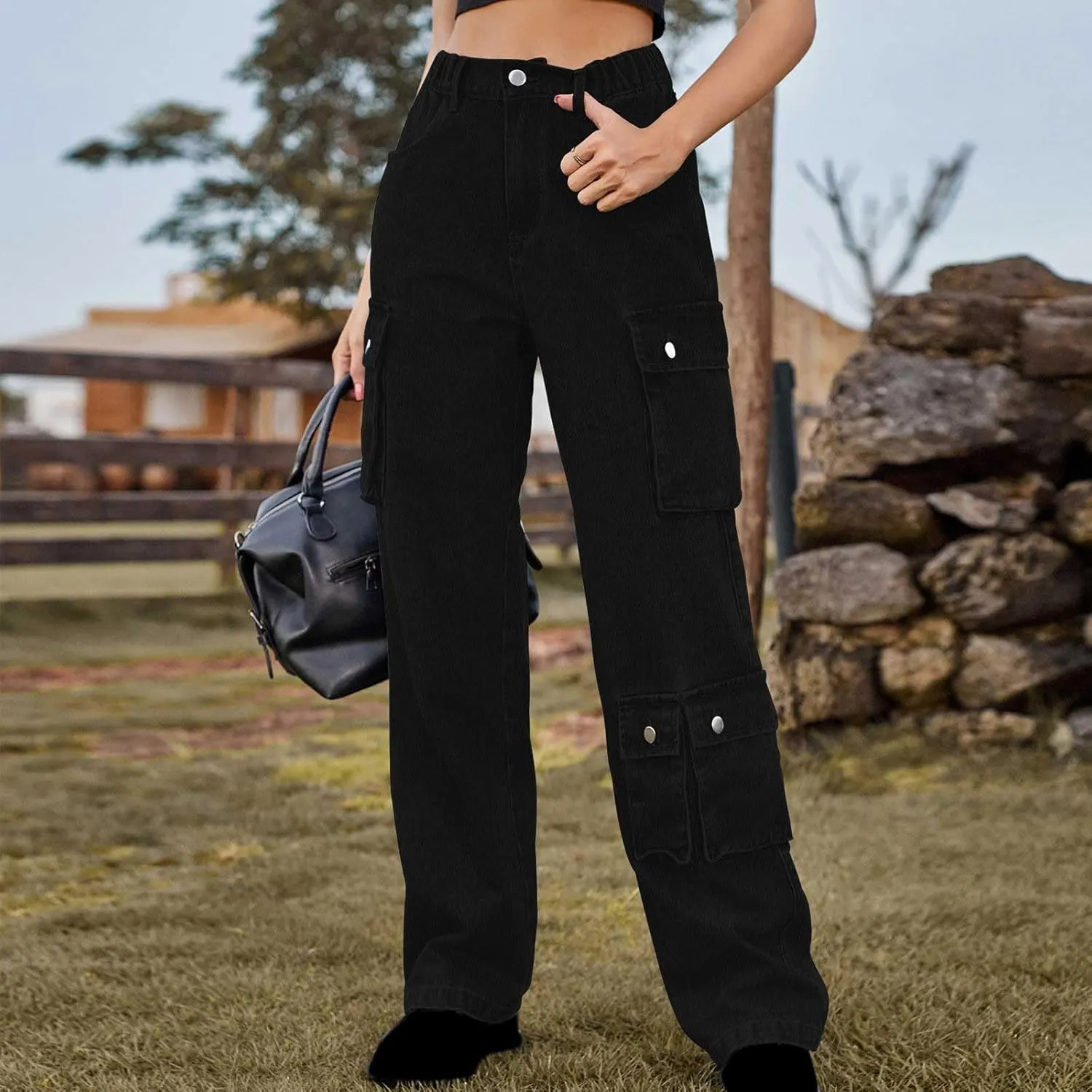 Womens Wide Leg Jeans Retro Mid Rise Denim Straight Leg Pants Stretchy Casual Raw Hem Denim Pants with 5 Pockets