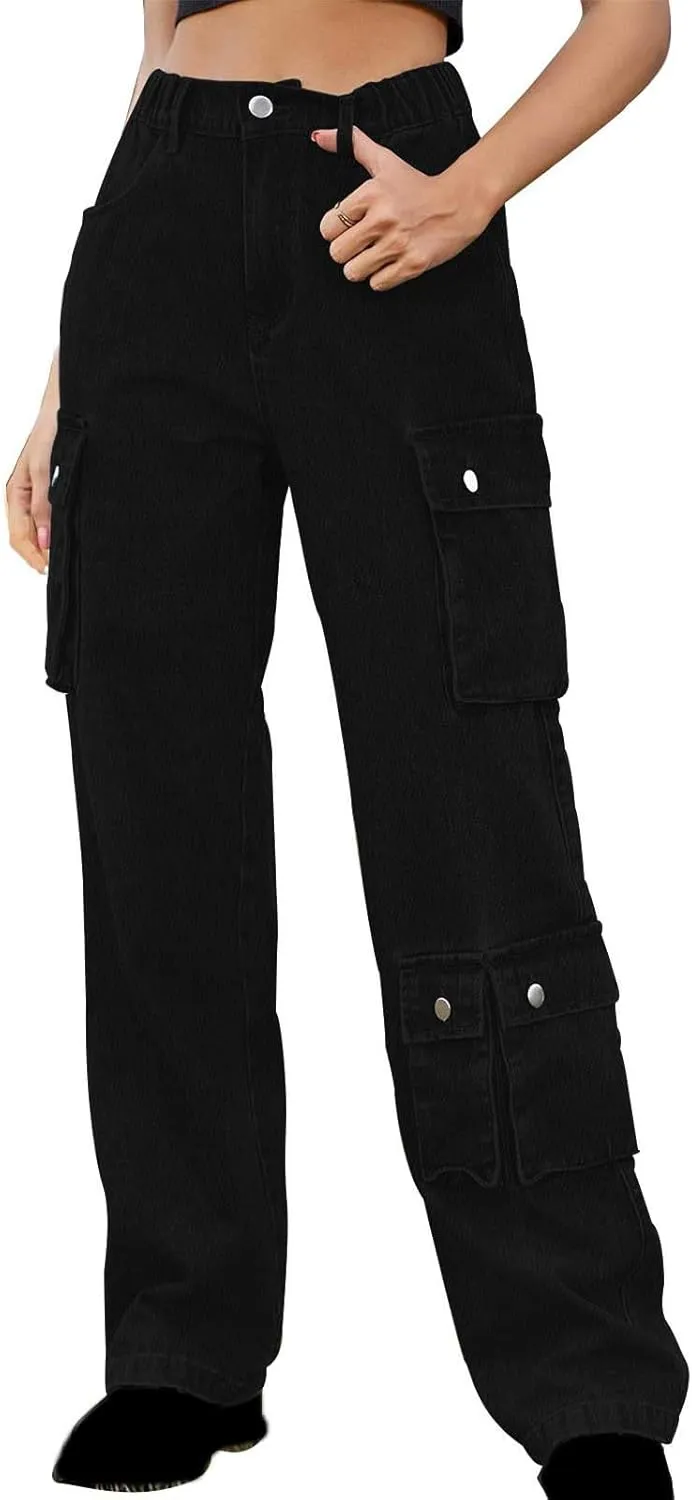 Womens Wide Leg Jeans Retro Mid Rise Denim Straight Leg Pants Stretchy Casual Raw Hem Denim Pants with 5 Pockets