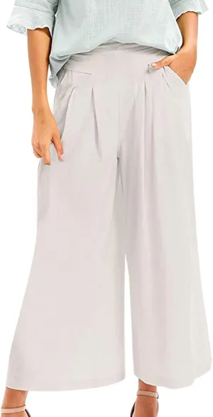 Womens Wide Leg Pants Dressy Comfy Loose Flowy Cotton Linen Pants Summer Casual Beach High Waisted Palazzo Trousers