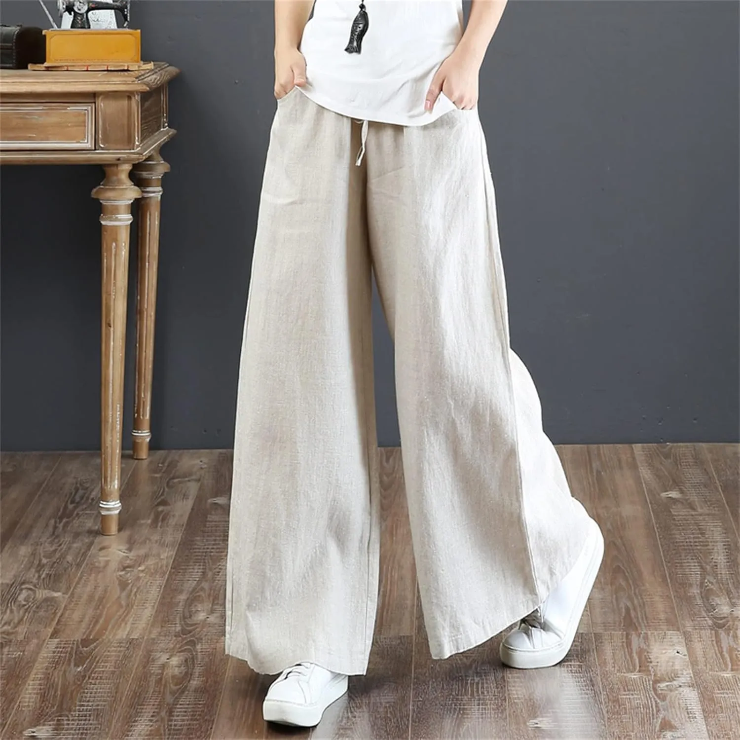 Womens Wide Leg Pants Dressy Comfy Loose Flowy Cotton Linen Pants Summer Casual Beach High Waisted Palazzo Trousers