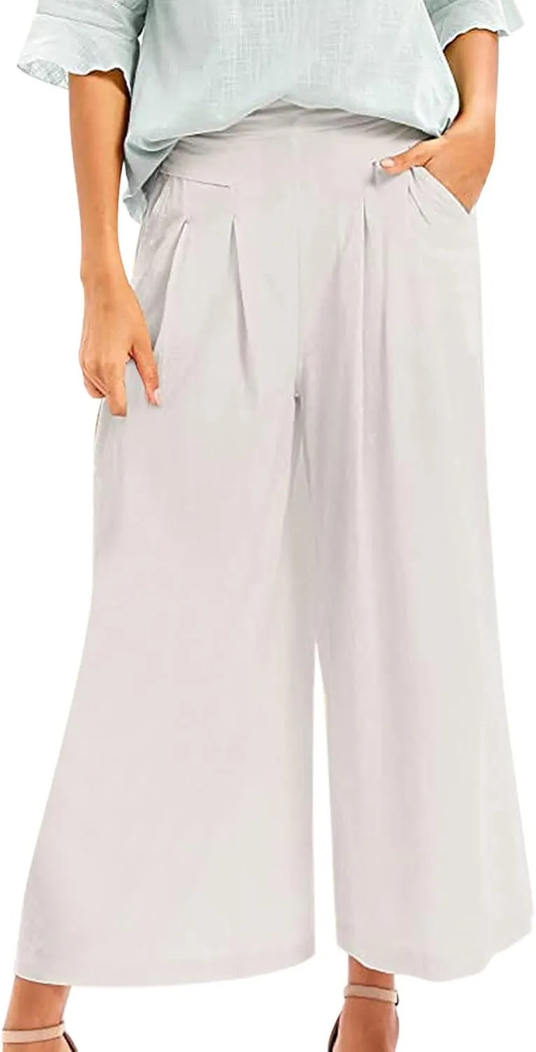 Womens Wide Leg Pants Dressy Comfy Loose Flowy Cotton Linen Pants Summer Casual Beach High Waisted Palazzo Trousers