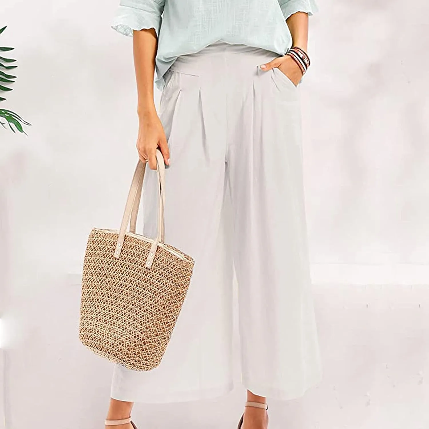 Womens Wide Leg Pants Dressy Comfy Loose Flowy Cotton Linen Pants Summer Casual Beach High Waisted Palazzo Trousers