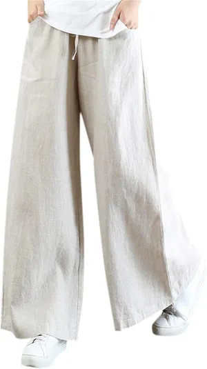 Womens Wide Leg Pants Dressy Comfy Loose Flowy Cotton Linen Pants Summer Casual Beach High Waisted Palazzo Trousers