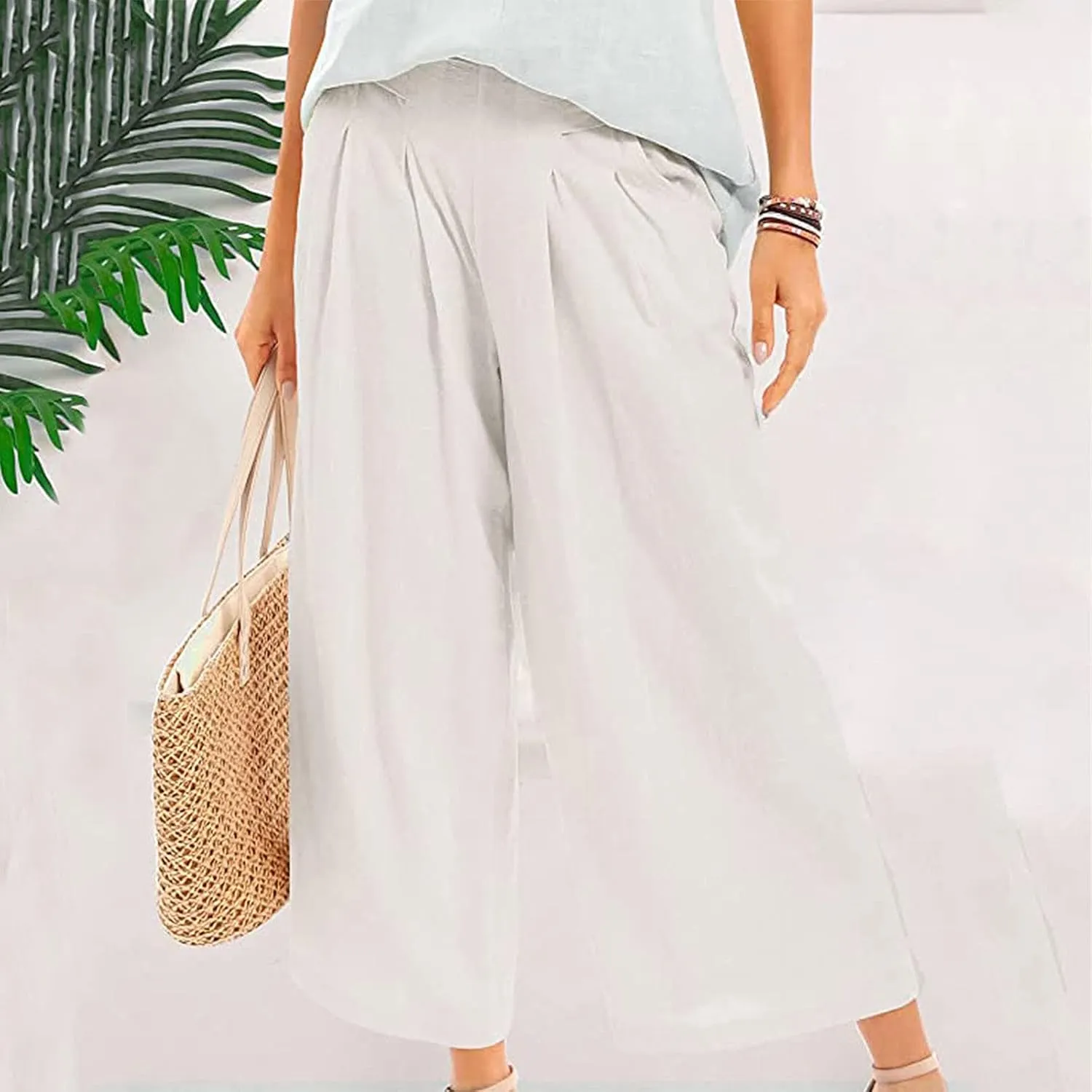 Womens Wide Leg Pants Dressy Comfy Loose Flowy Cotton Linen Pants Summer Casual Beach High Waisted Palazzo Trousers