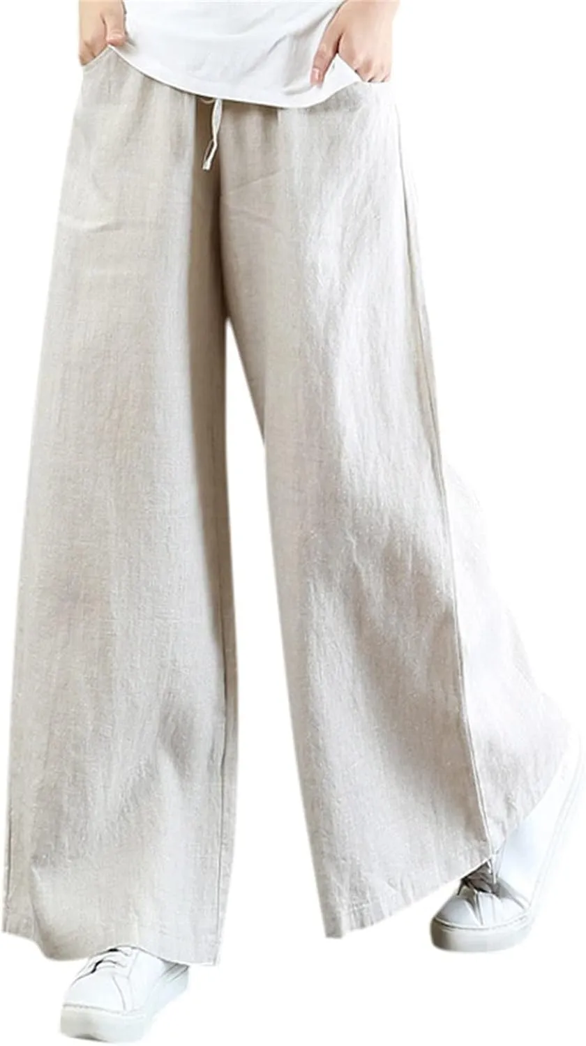 Womens Wide Leg Pants Dressy Comfy Loose Flowy Cotton Linen Pants Summer Casual Beach High Waisted Palazzo Trousers