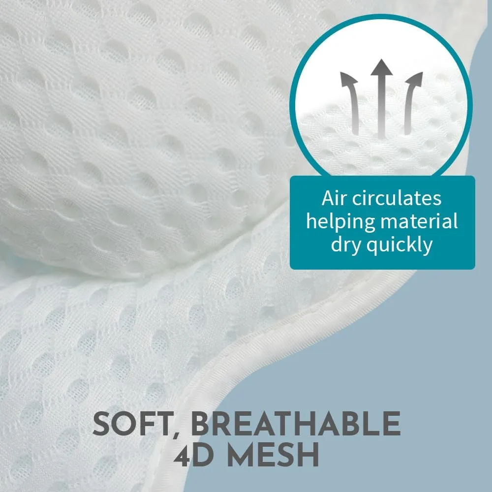 WONDERfoam Thick Padded Ergonomic Bath Pillow for Tub, Bathtub Headrest Neck and Back Support, Strong Suction Cups, Machine Washable Breathable Mesh Quick Dry Pillows, Luxury Spa Accessories, White