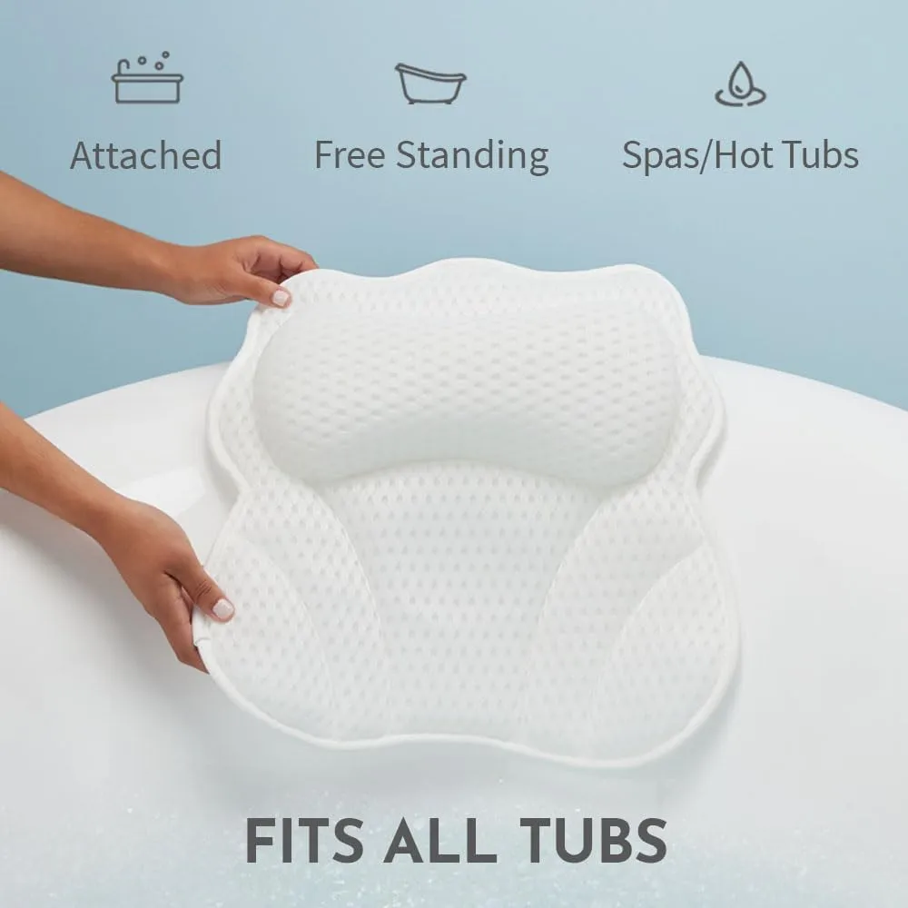 WONDERfoam Thick Padded Ergonomic Bath Pillow for Tub, Bathtub Headrest Neck and Back Support, Strong Suction Cups, Machine Washable Breathable Mesh Quick Dry Pillows, Luxury Spa Accessories, White