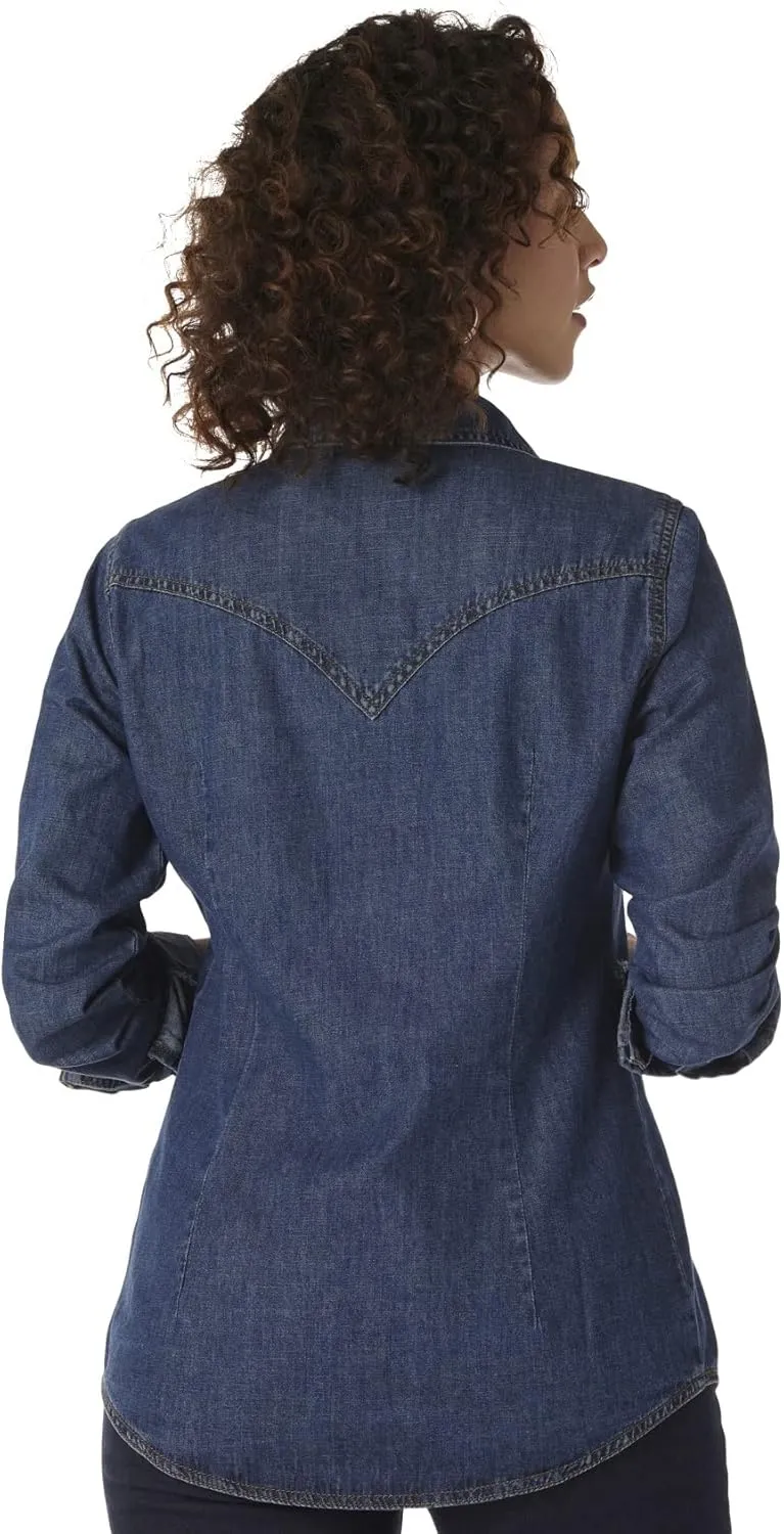 Wrangler Women's Retro Long Sleeve Western Snap Shirt Mid Denim