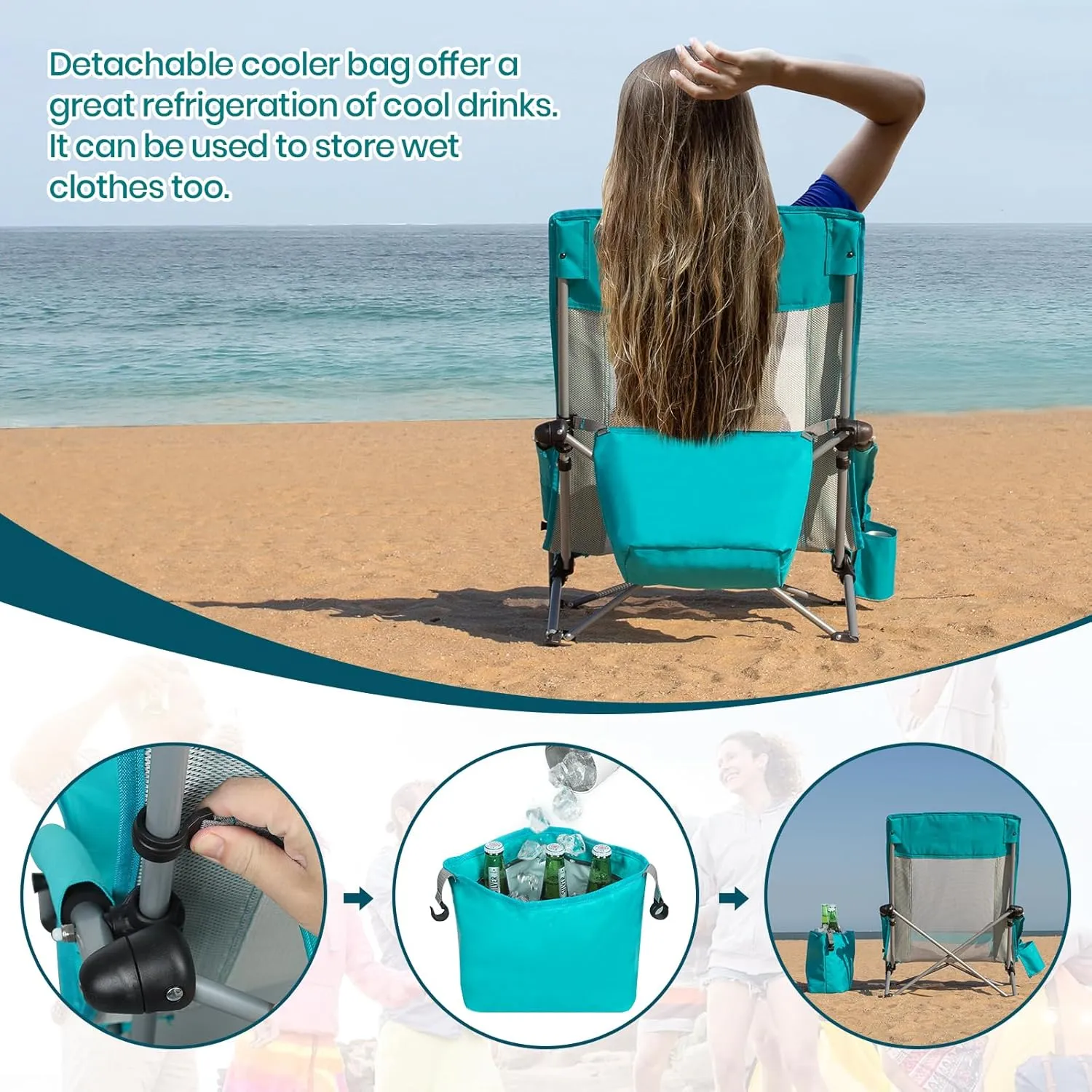 XGEAR High Back Folding Beach Chair with Detachable Cooler Bag High Back Mesh Back Sand Chair for Beach, Lawn, Camping, Travel, Support Up to 350 lbs 2pc
