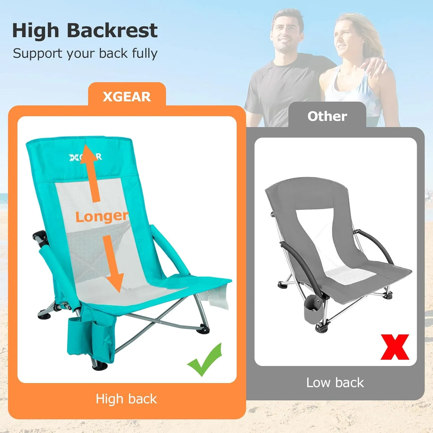 XGEAR High Back Folding Beach Chair with Detachable Cooler Bag High Back Mesh Back Sand Chair for Beach, Lawn, Camping, Travel, Support Up to 350 lbs