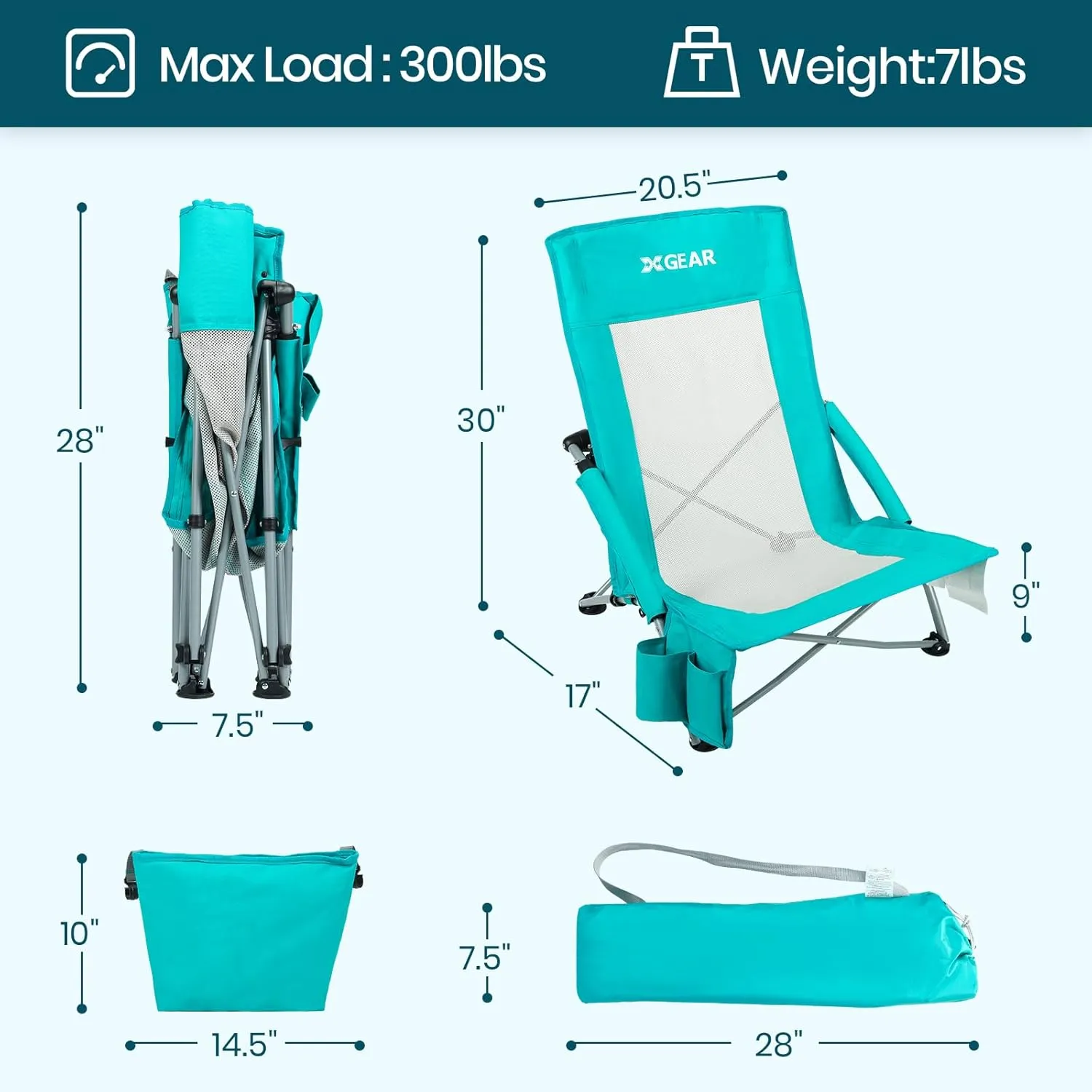 XGEAR High Back Folding Beach Chair with Detachable Cooler Bag High Back Mesh Back Sand Chair for Beach, Lawn, Camping, Travel, Support Up to 350 lbs