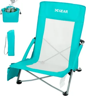 XGEAR High Back Folding Beach Chair with Detachable Cooler Bag High Back Mesh Back Sand Chair for Beach, Lawn, Camping, Travel, Support Up to 350 lbs