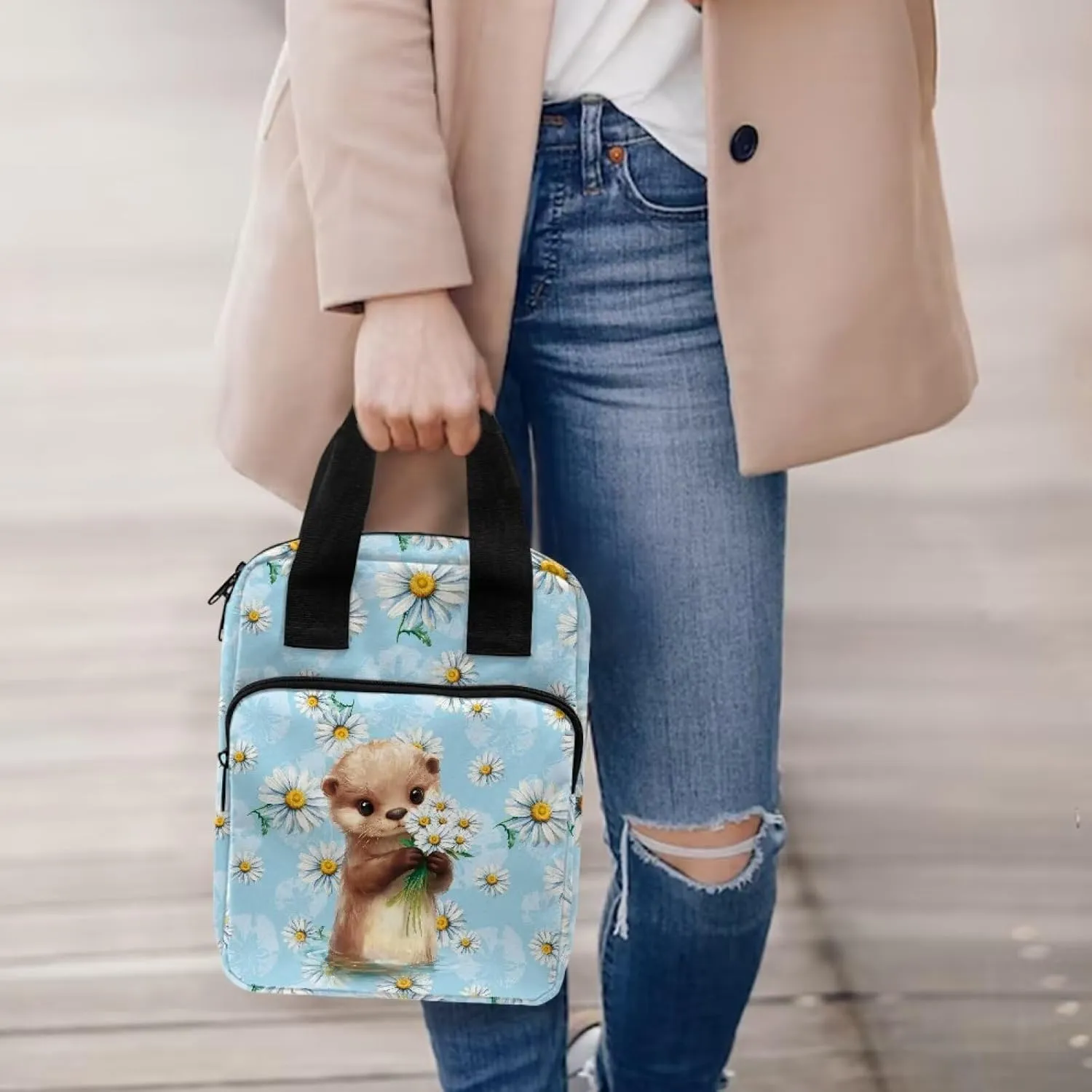 Xoenoiee Lovely Otter Daisy Flower Print Bible Covers for Women Bible Cover with Handle and Zipper Pocket Tote Bible Bag Bible Case for Men Bible Bag