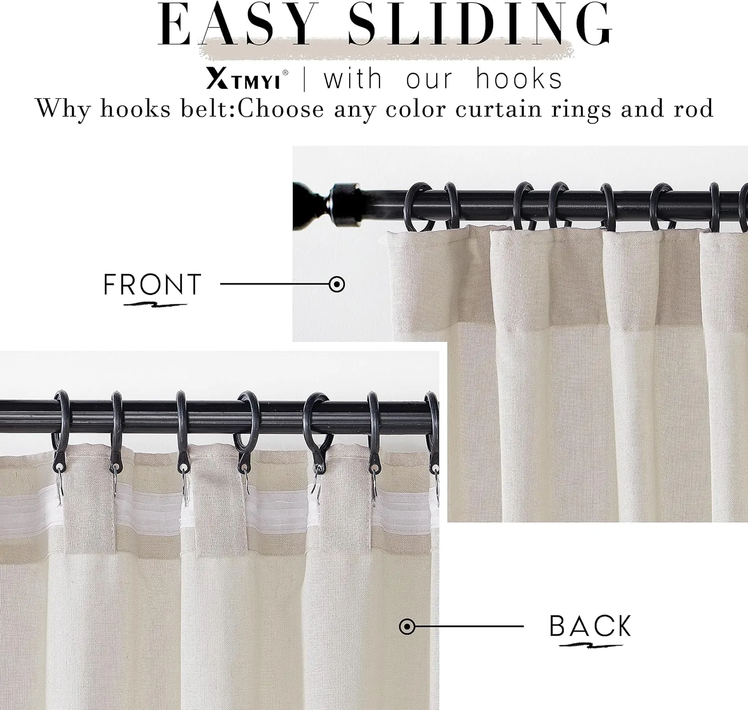 XTMYI Oatmeal Beige Back Tab/Hook Belt Linen Cotton Sheer Curtains 72 Inch Length for Bedroom 2 Panels Set