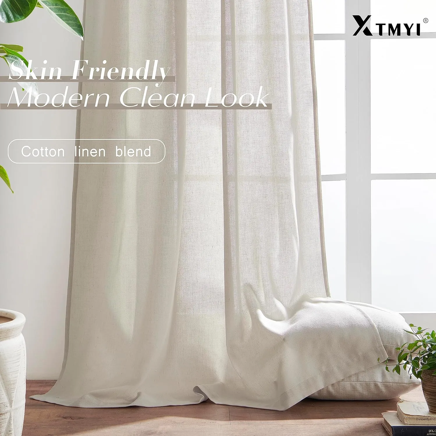 XTMYI Oatmeal Beige Back Tab/Hook Belt Linen Cotton Sheer Curtains 72 Inch Length for Bedroom 2 Panels Set
