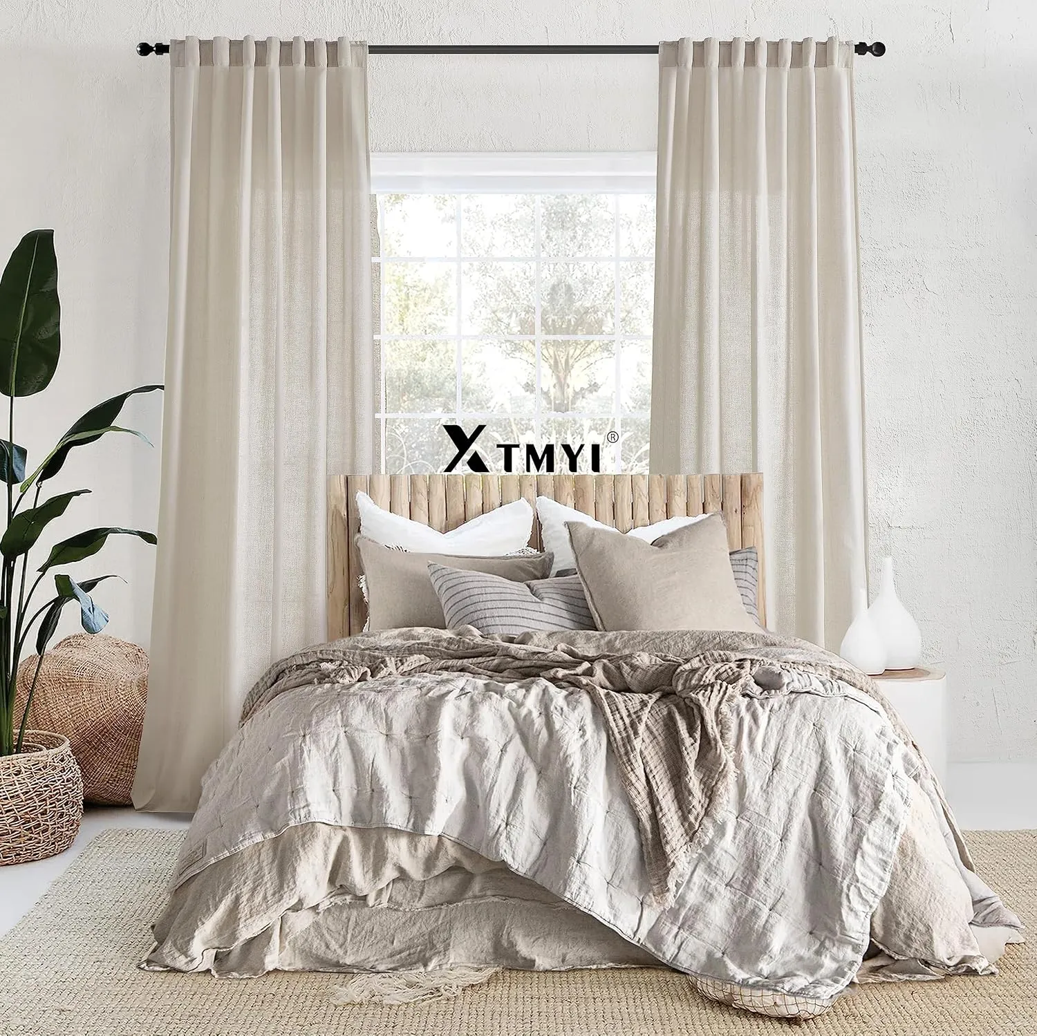XTMYI Oatmeal Beige Back Tab/Hook Belt Linen Cotton Sheer Curtains 72 Inch Length for Bedroom 2 Panels Set