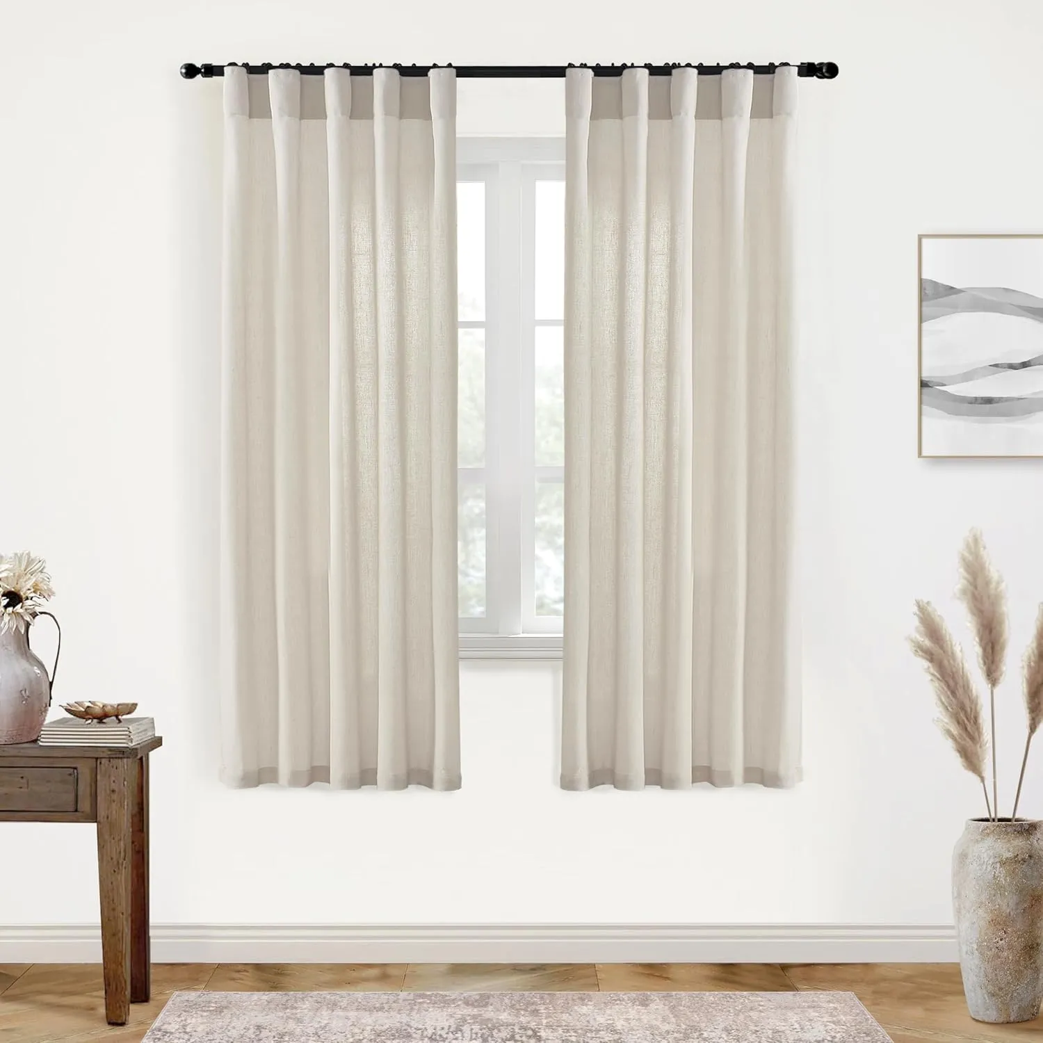 XTMYI Oatmeal Beige Back Tab/Hook Belt Linen Cotton Sheer Curtains 72 Inch Length for Bedroom 2 Panels Set