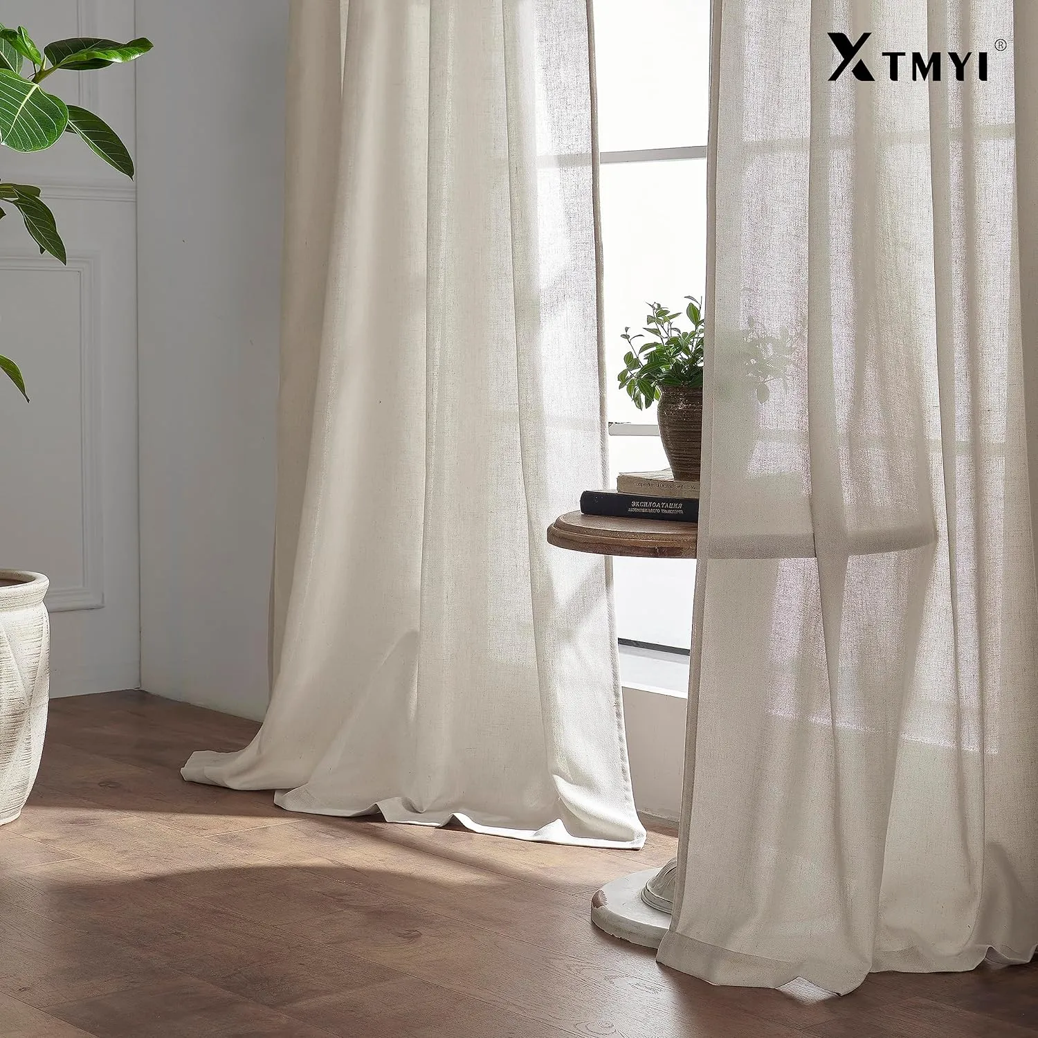 XTMYI Oatmeal Beige Back Tab/Hook Belt Linen Cotton Sheer Curtains 72 Inch Length for Bedroom 2 Panels Set