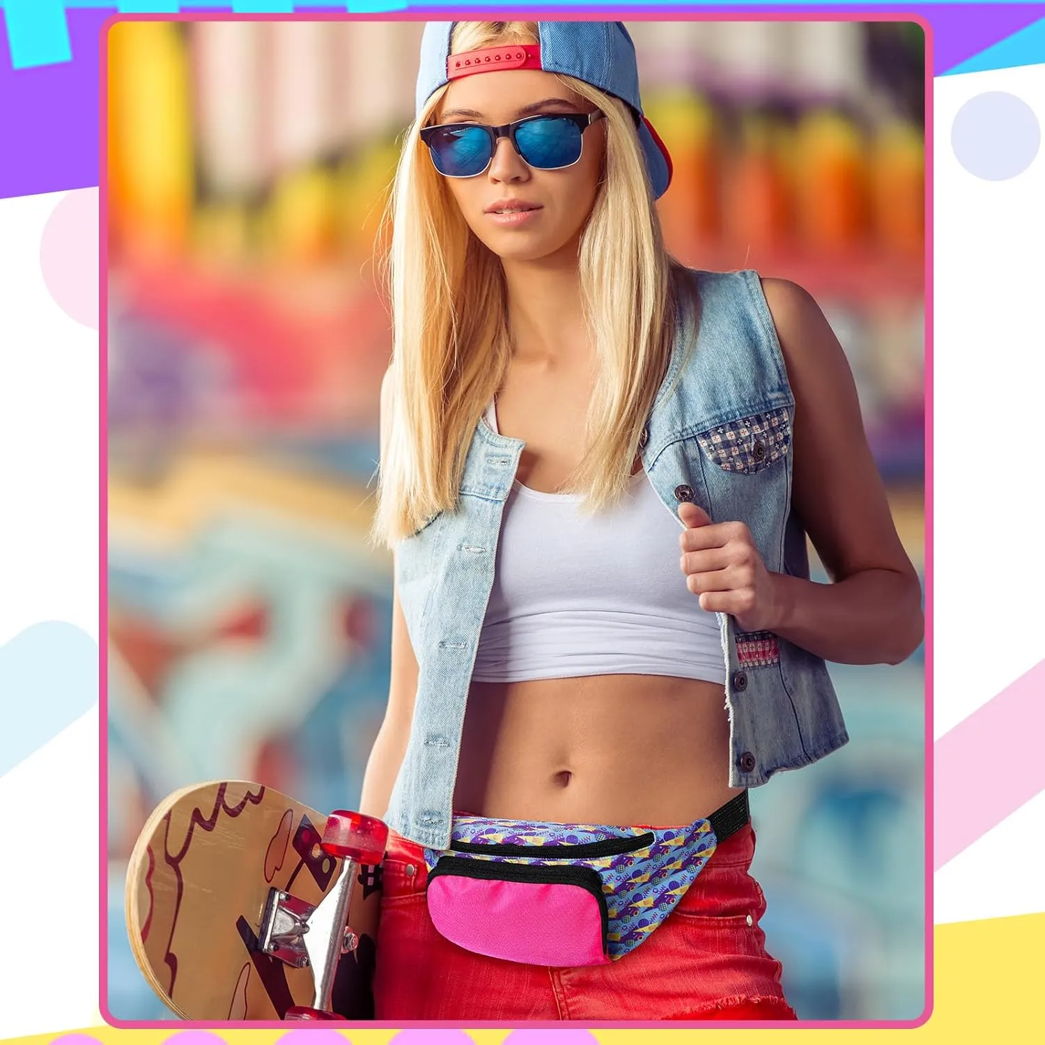 Xuniea 80s Retro Neon Fanny Pack 2 Pockets Belt Bags 90s Costumes for Women Men Waist Packs for Holiday Festival 80s Theme Halloween Party(Bright Color)