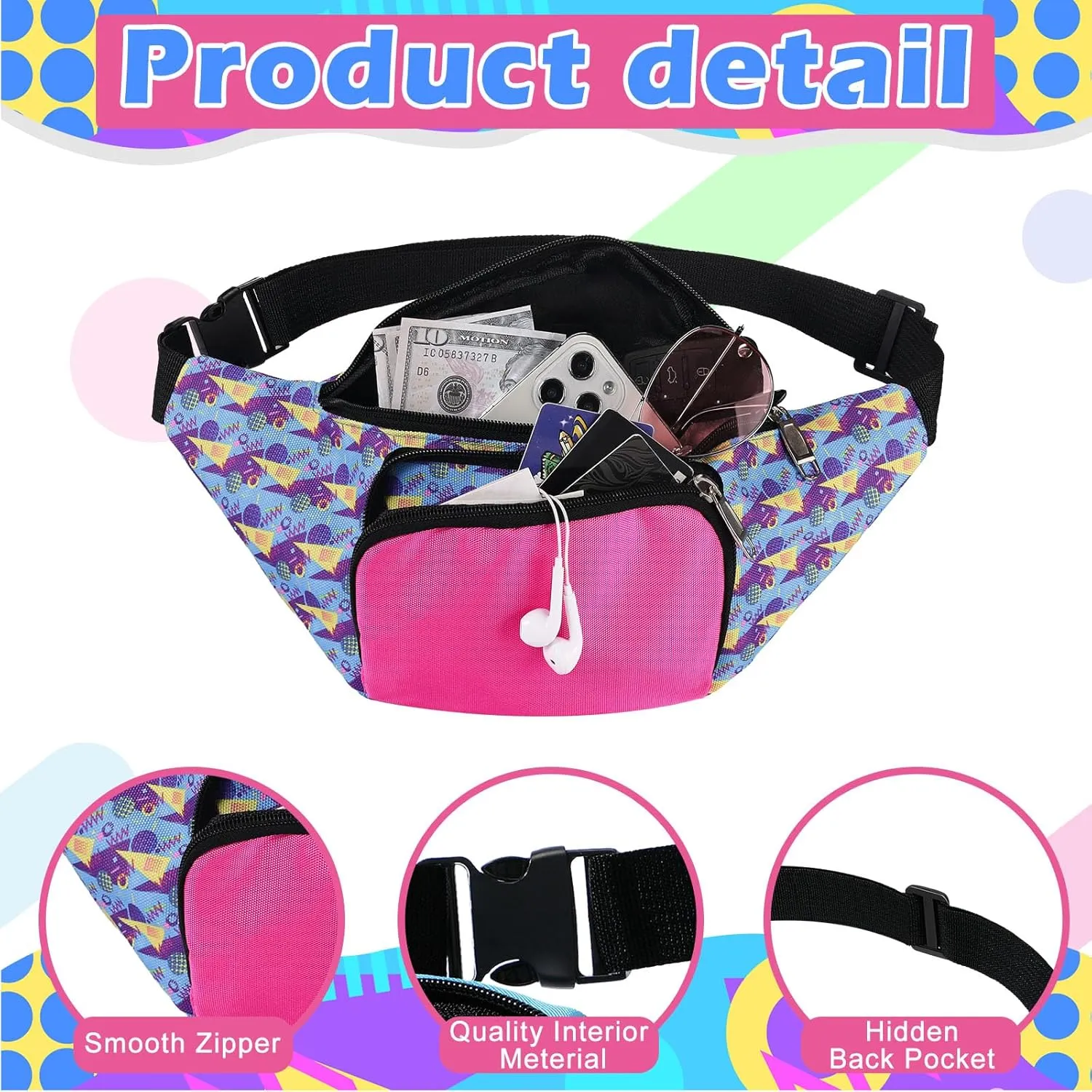 Xuniea 80s Retro Neon Fanny Pack 2 Pockets Belt Bags 90s Costumes for Women Men Waist Packs for Holiday Festival 80s Theme Halloween Party(Bright Color)