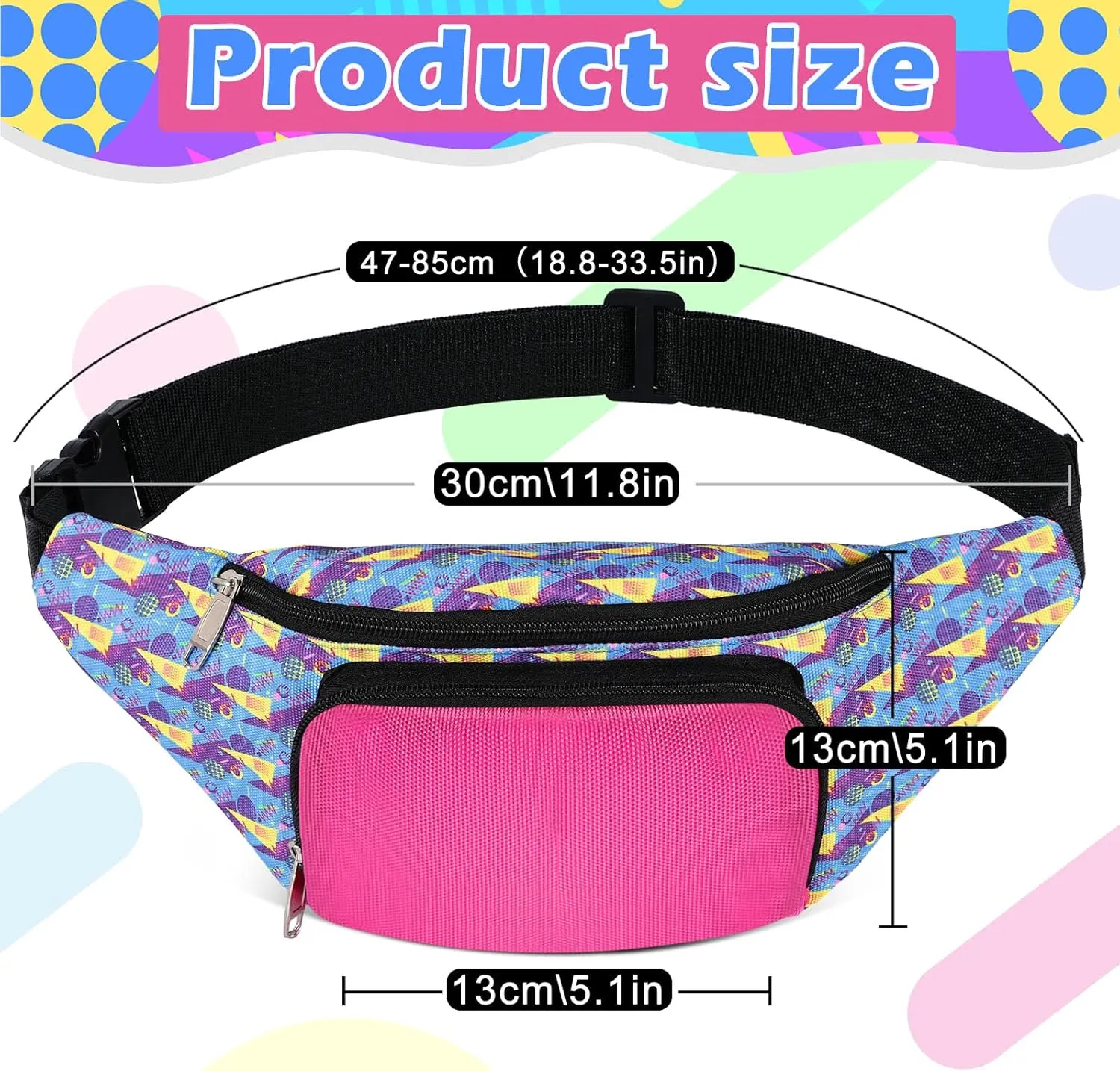 Xuniea 80s Retro Neon Fanny Pack 2 Pockets Belt Bags 90s Costumes for Women Men Waist Packs for Holiday Festival 80s Theme Halloween Party(Bright Color)