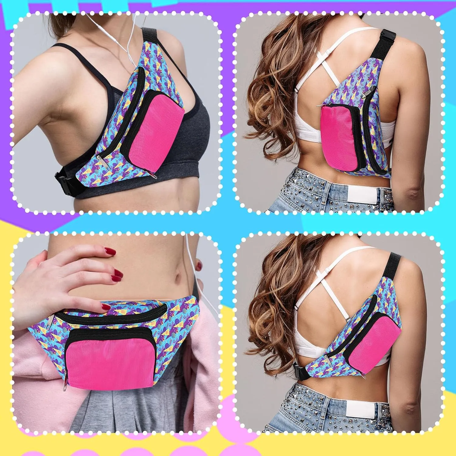 Xuniea 80s Retro Neon Fanny Pack 2 Pockets Belt Bags 90s Costumes for Women Men Waist Packs for Holiday Festival 80s Theme Halloween Party(Bright Color)