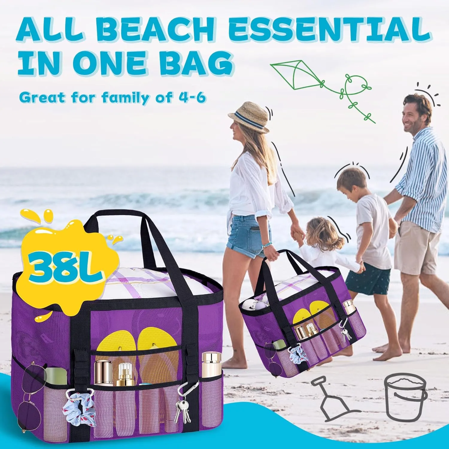 XX-Large Mesh Beach Bag Tote with 9 Pockets for Vacation/Travel & Beach Essentials