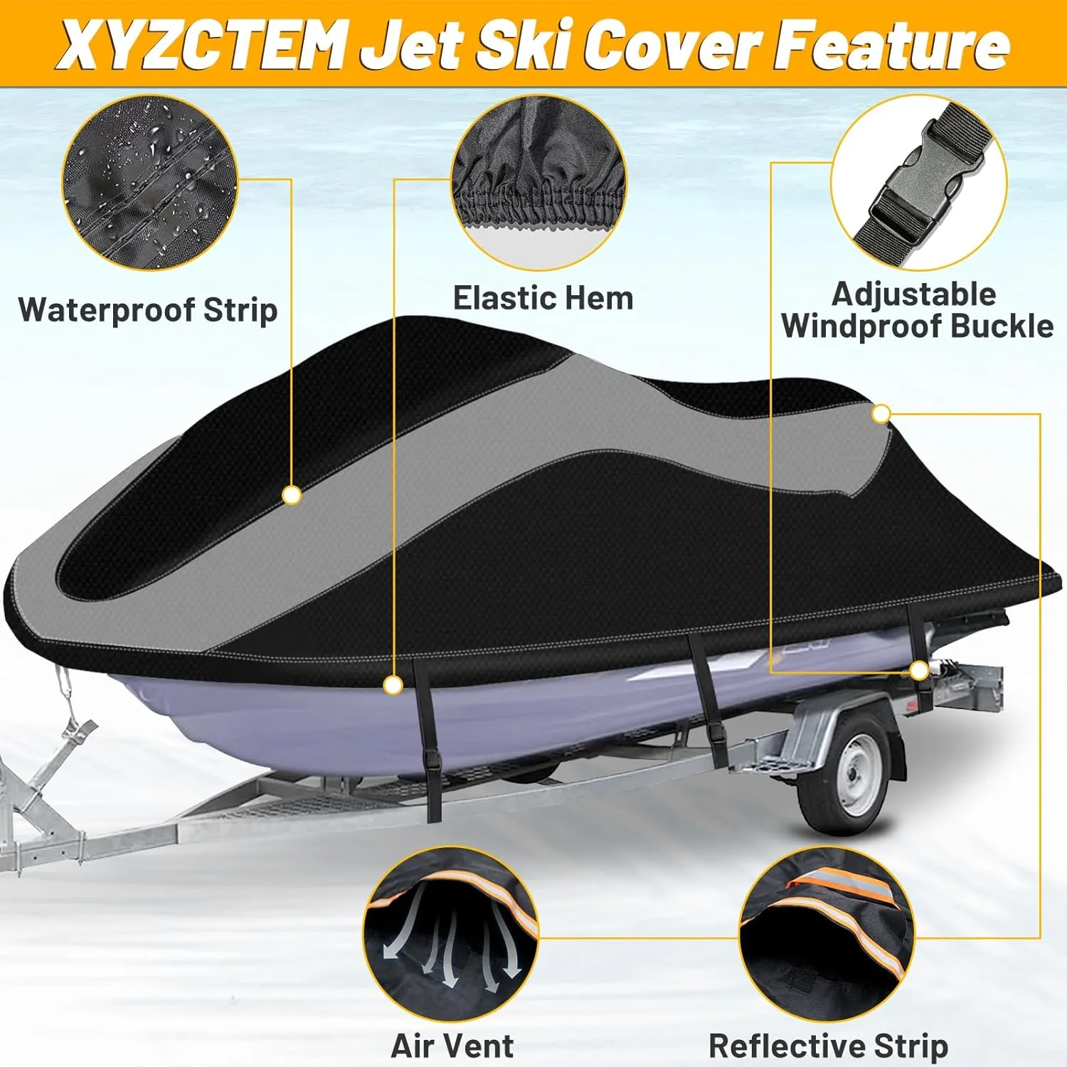 XYZCTEM Jet Ski Cover, Waterproof Upgraded Oxford Fabric Personal Watercraft Cover with Reflective Air Vent, Compatible with Seadoo, Yamaha, GTX, Kawasaki, Honda, Polaris (2 Seater 116" to 125" L)