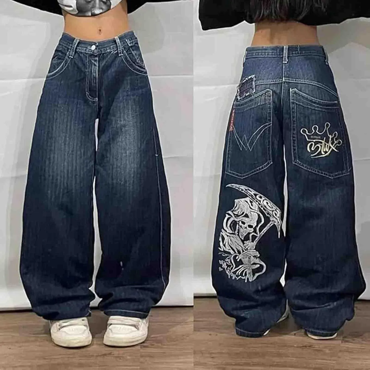 Y2K Hip Hop Street Jeans Skull Print Gothic Loose Jeans Retro High Waist Jeans Wide Legs