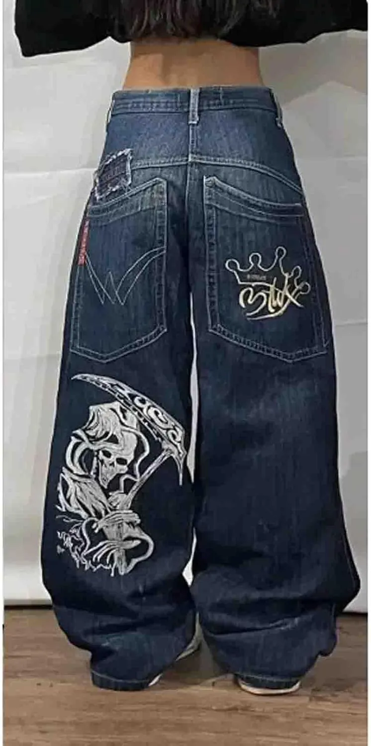 Y2K Hip Hop Street Jeans Skull Print Gothic Loose Jeans Retro High Waist Jeans Wide Legs