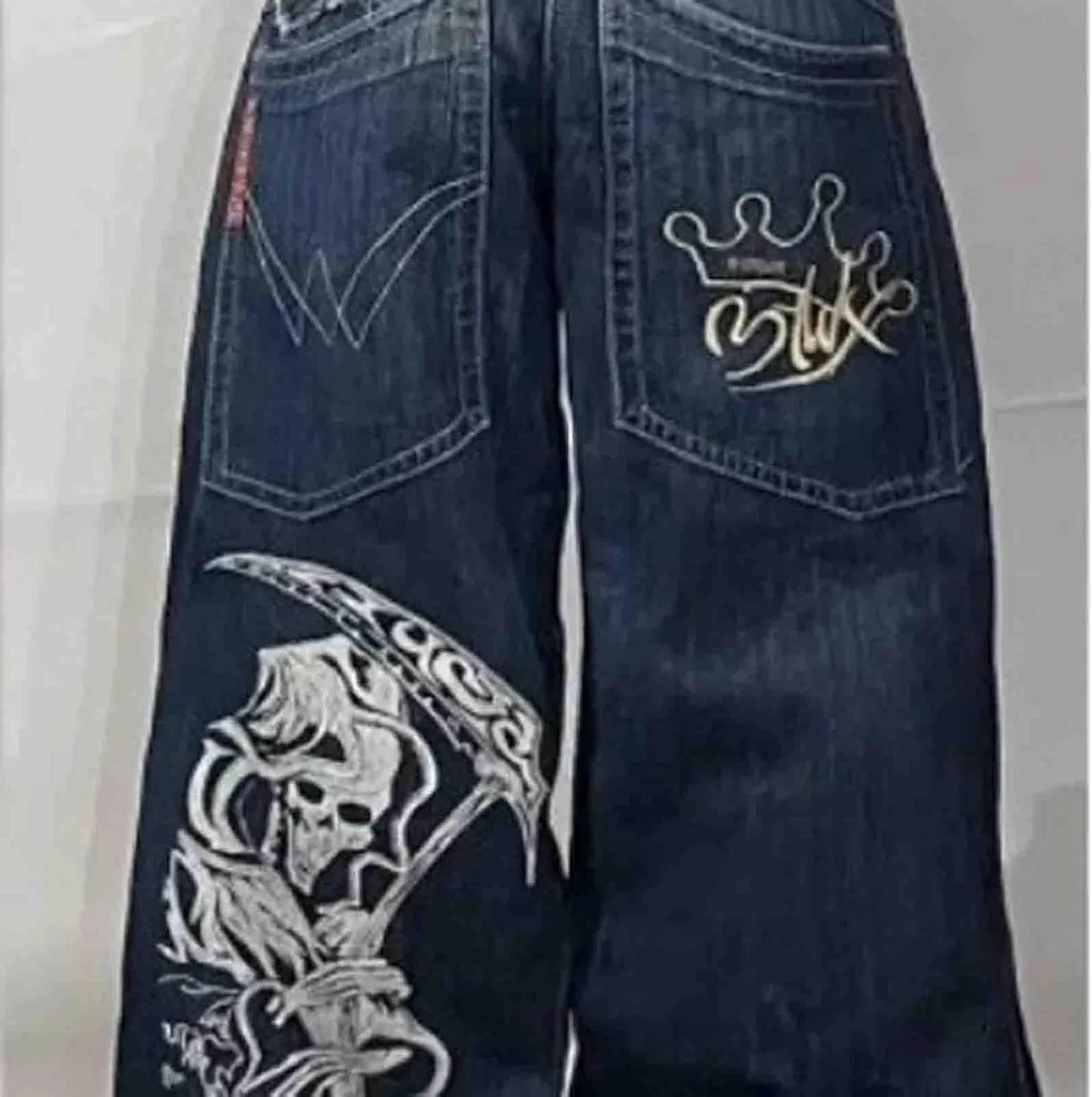 Y2K Hip Hop Street Jeans Skull Print Gothic Loose Jeans Retro High Waist Jeans Wide Legs
