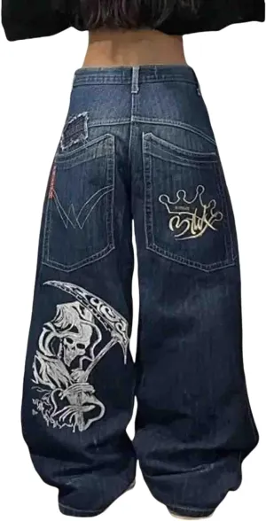 Y2K Hip Hop Street Jeans Skull Print Gothic Loose Jeans Retro High Waist Jeans Wide Legs
