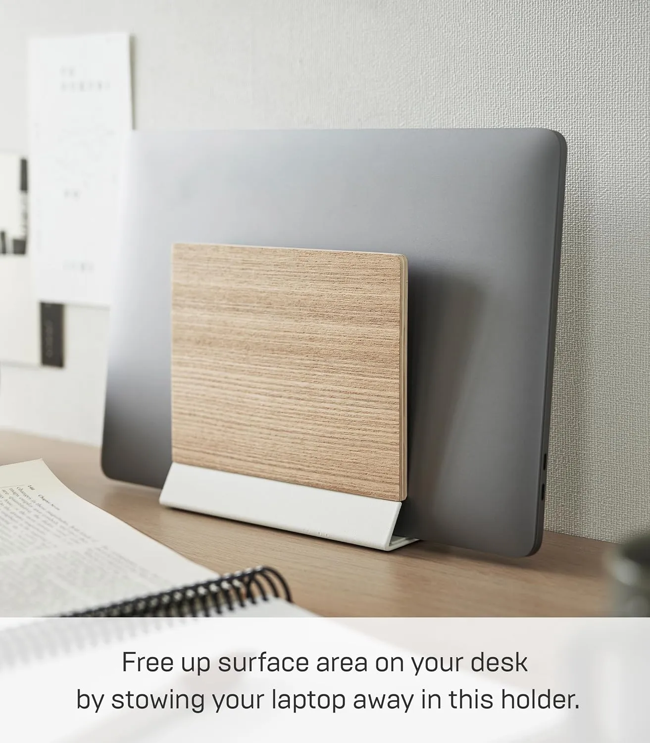 Yamazaki Home Rin Portable Laptop Holder Stand for Desk in Bedroom Or Office, Wooden Storage Station - Steel   Wood