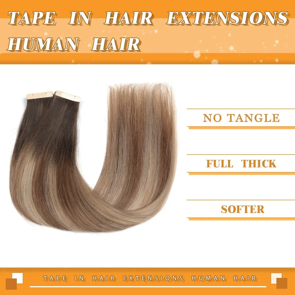 YDDM Tape in Extensions, Balayage Brown to Dirty Blonde Straight 100% Remy Human Hair for Women 14 Inch 20pcs Seamless Invisible Tape in Hair Extensions Human Hair(2/6/18K#, 14 Inch)