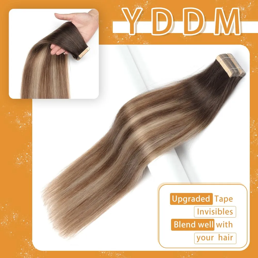 YDDM Tape in Extensions, Balayage Brown to Dirty Blonde Straight 100% Remy Human Hair for Women 14 Inch 20pcs Seamless Invisible Tape in Hair Extensions Human Hair(2/6/18K#, 14 Inch)