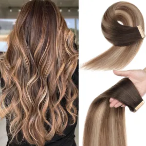 YDDM Tape in Extensions, Balayage Brown to Dirty Blonde Straight 100% Remy Human Hair for Women 14 Inch 20pcs Seamless Invisible Tape in Hair Extensions Human Hair(2/6/18K#, 14 Inch)