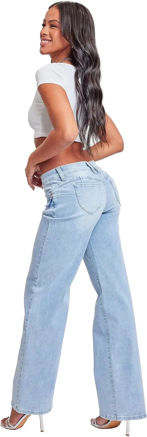 YMI Women’s Sustainable Wannabettabutt Low Rise Wide Leg Jeans