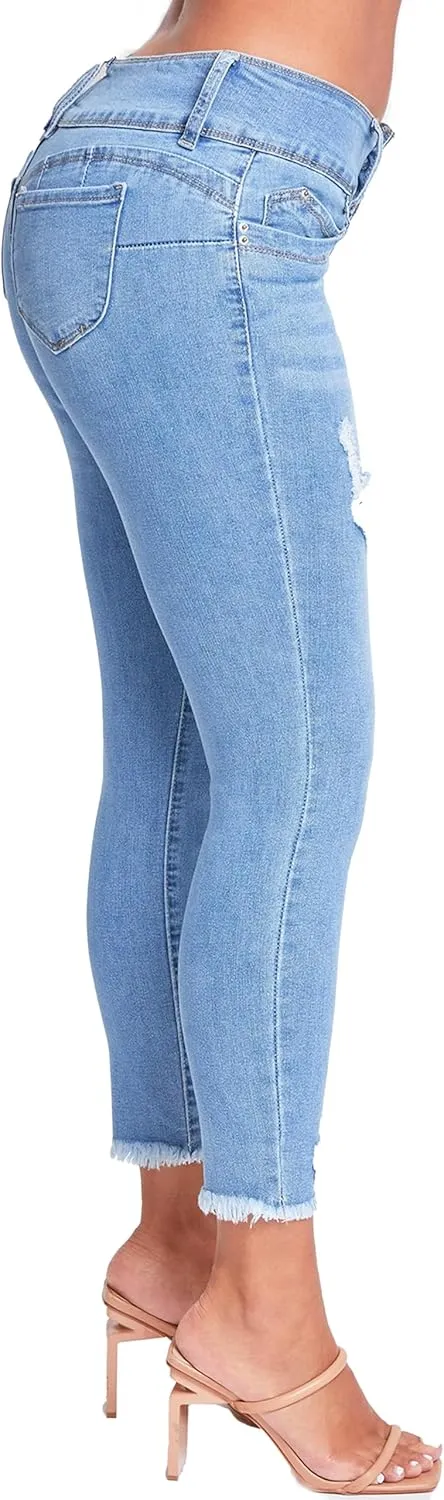 YMI Women's Wannabettabutt 3-Button Mid-Rise Fray Hem Skinny Ankle Denim Jeans