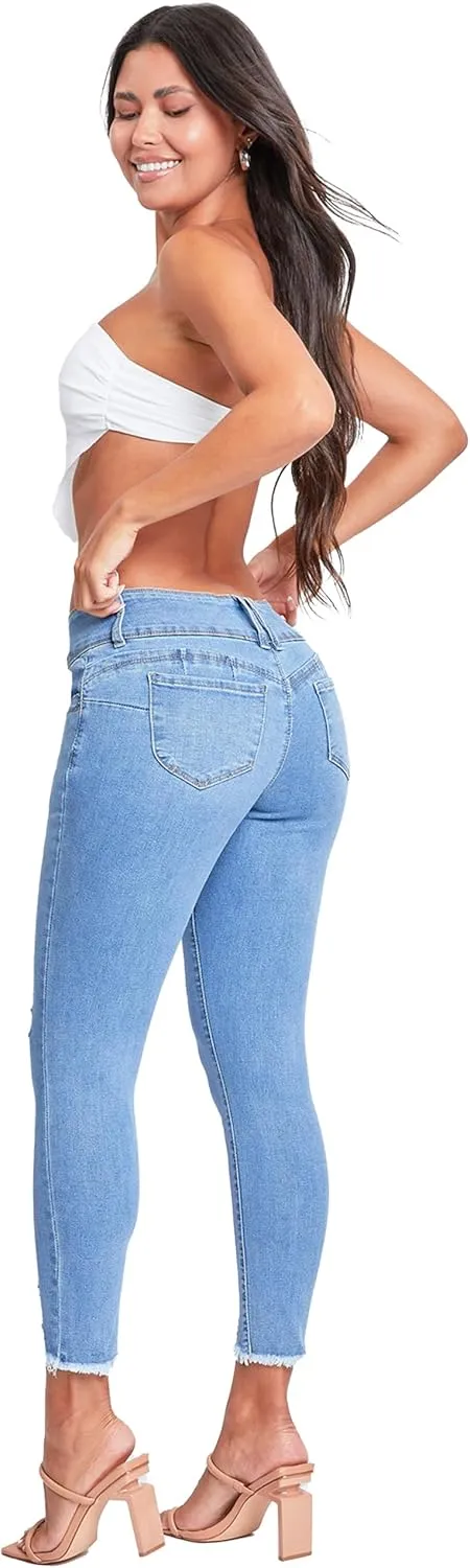 YMI Women's Wannabettabutt 3-Button Mid-Rise Fray Hem Skinny Ankle Denim Jeans