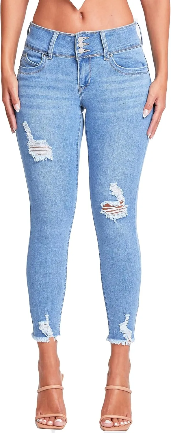 YMI Women's Wannabettabutt 3-Button Mid-Rise Fray Hem Skinny Ankle Denim Jeans