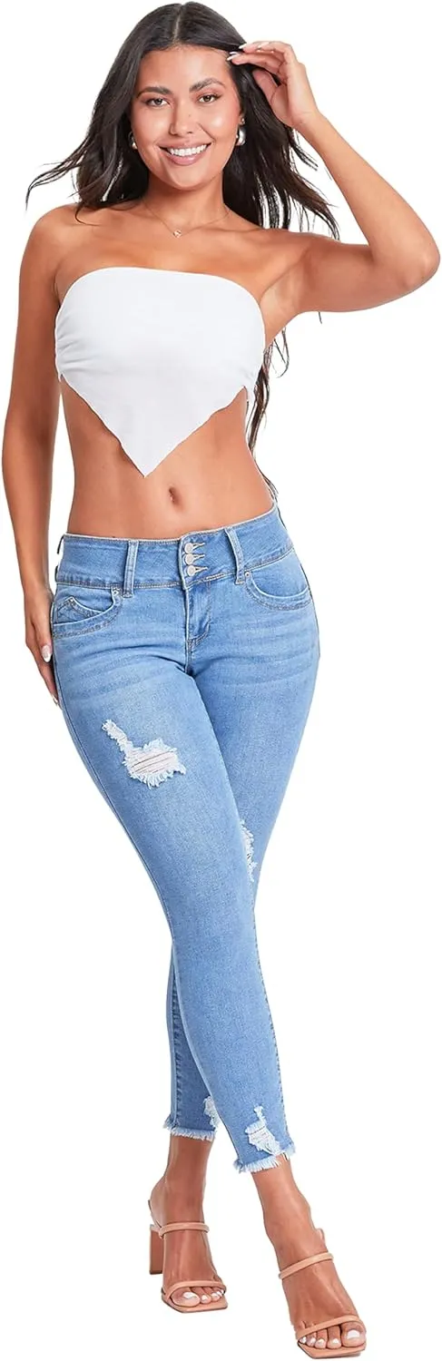 YMI Women's Wannabettabutt 3-Button Mid-Rise Fray Hem Skinny Ankle Denim Jeans